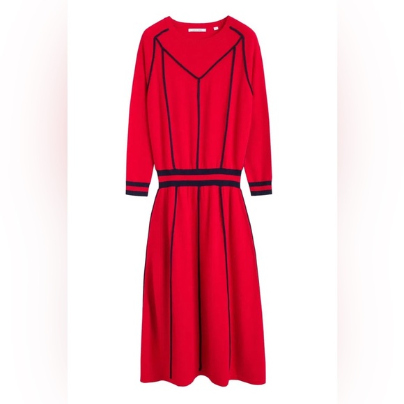 Chinti & Parker Cashmere + wool blend red and navy piping dress - Picture 2 of 4